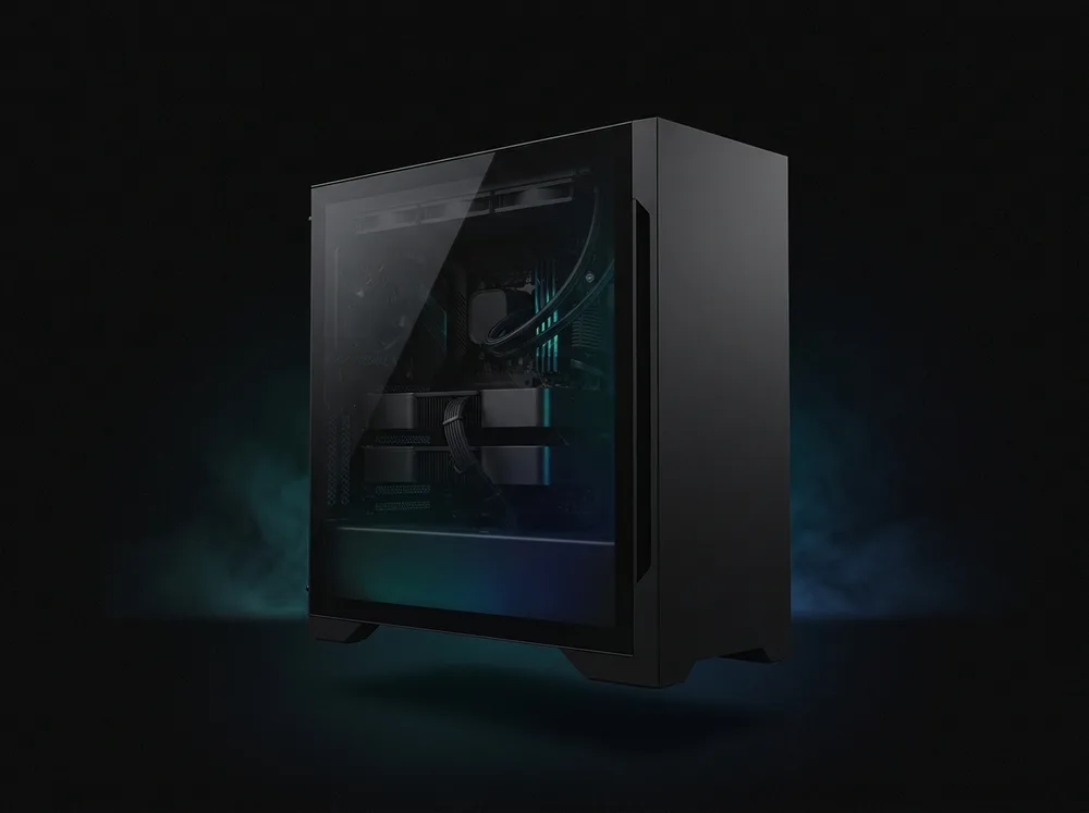 An AI workstation tower with visible GPUs