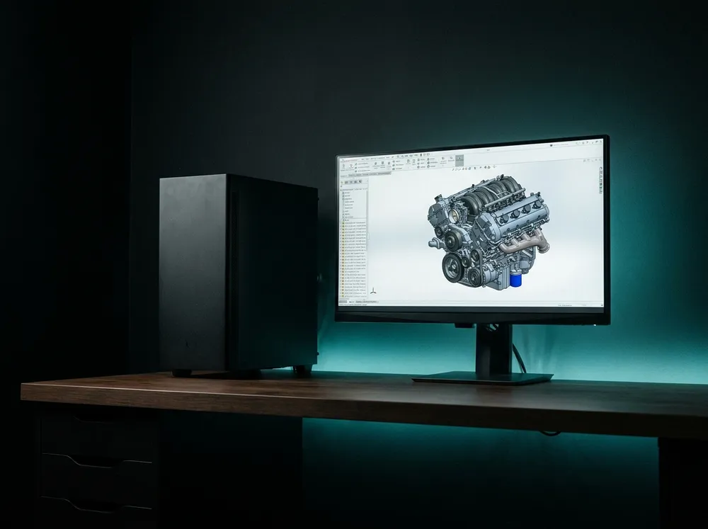 A CAD workstation running a 3D engine assembly